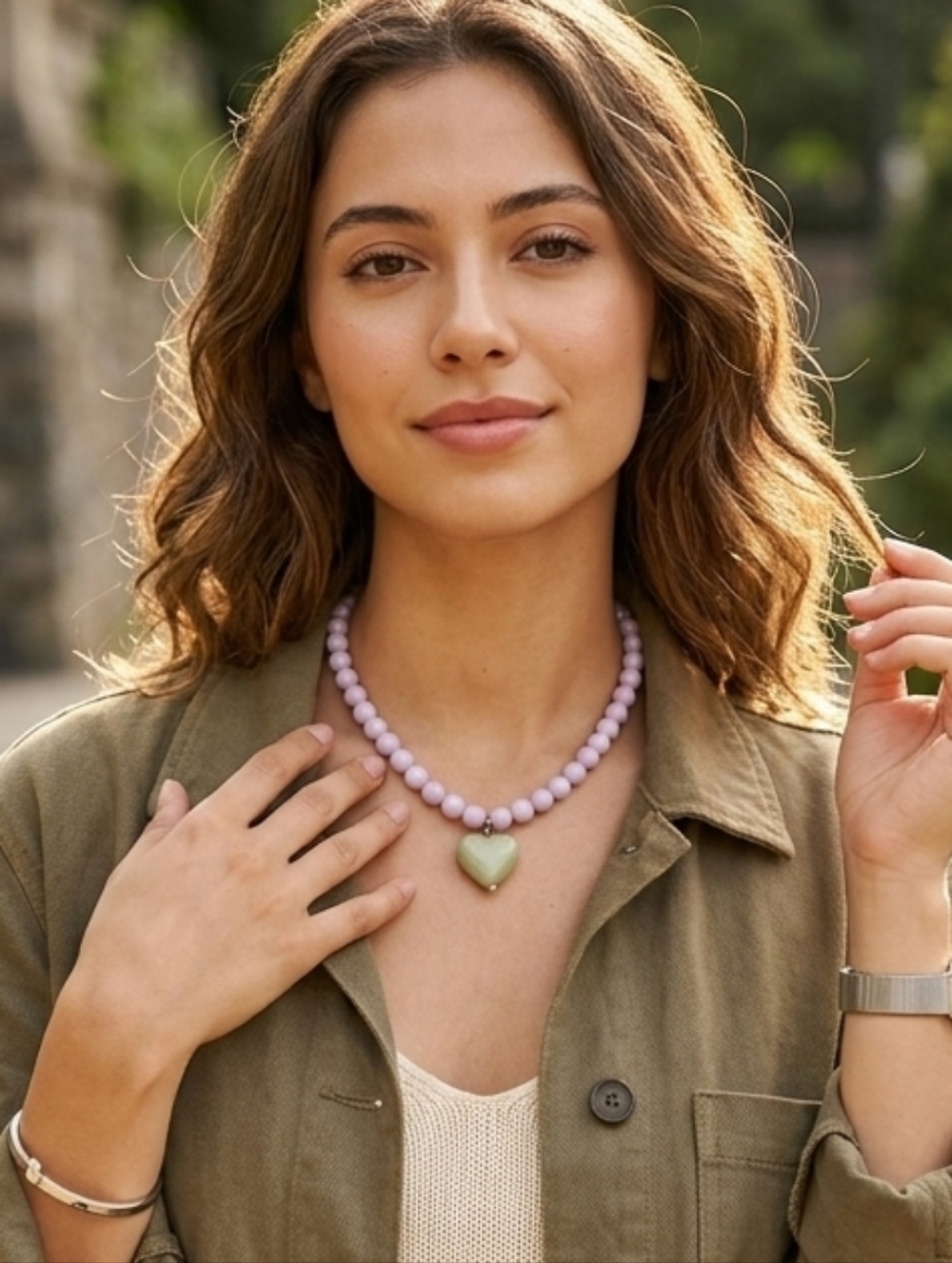 Beaded Heart Pendant Necklace in Lavender and Mint
